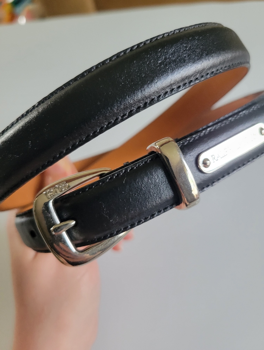 Ralph Lauren Genuine Smooth Leather Thin Belt Size M Silver Hardware Black - Picture 3 of 7